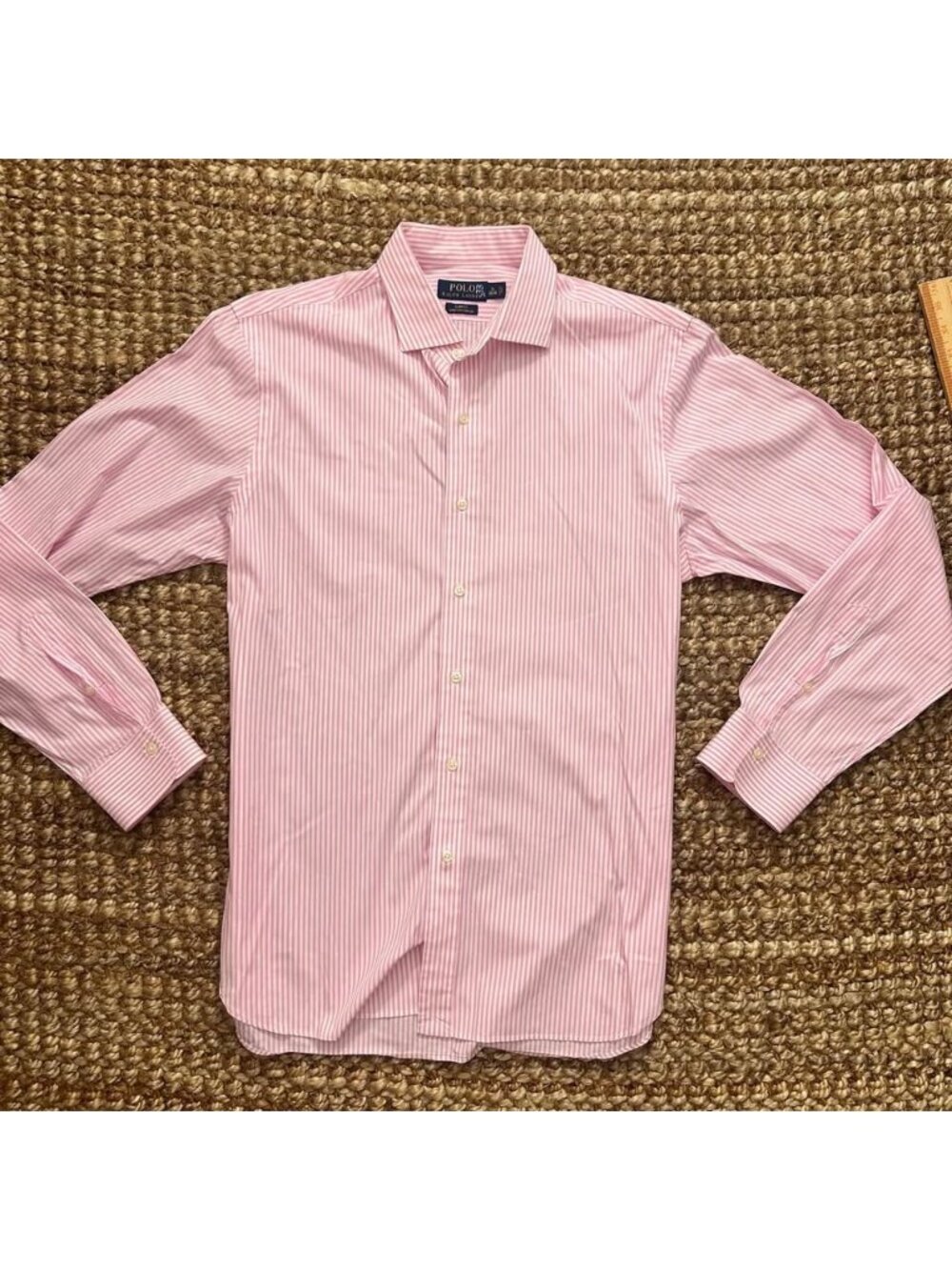 Polo Ralph Lauren Mens 16.5 40/41 Slim Fit Pink White Striped Dress Shirt Long S